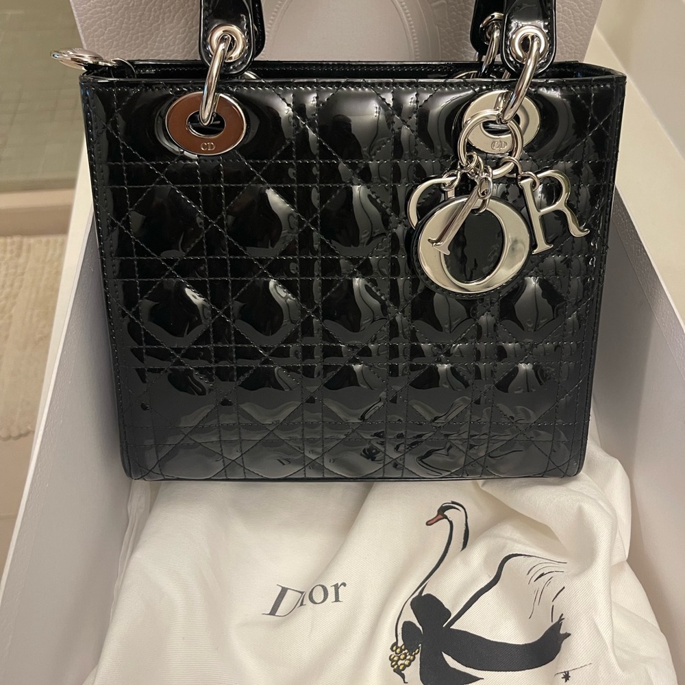 2018 Medium Lady Dior Bag (Black Patent Cannage Calfskin)